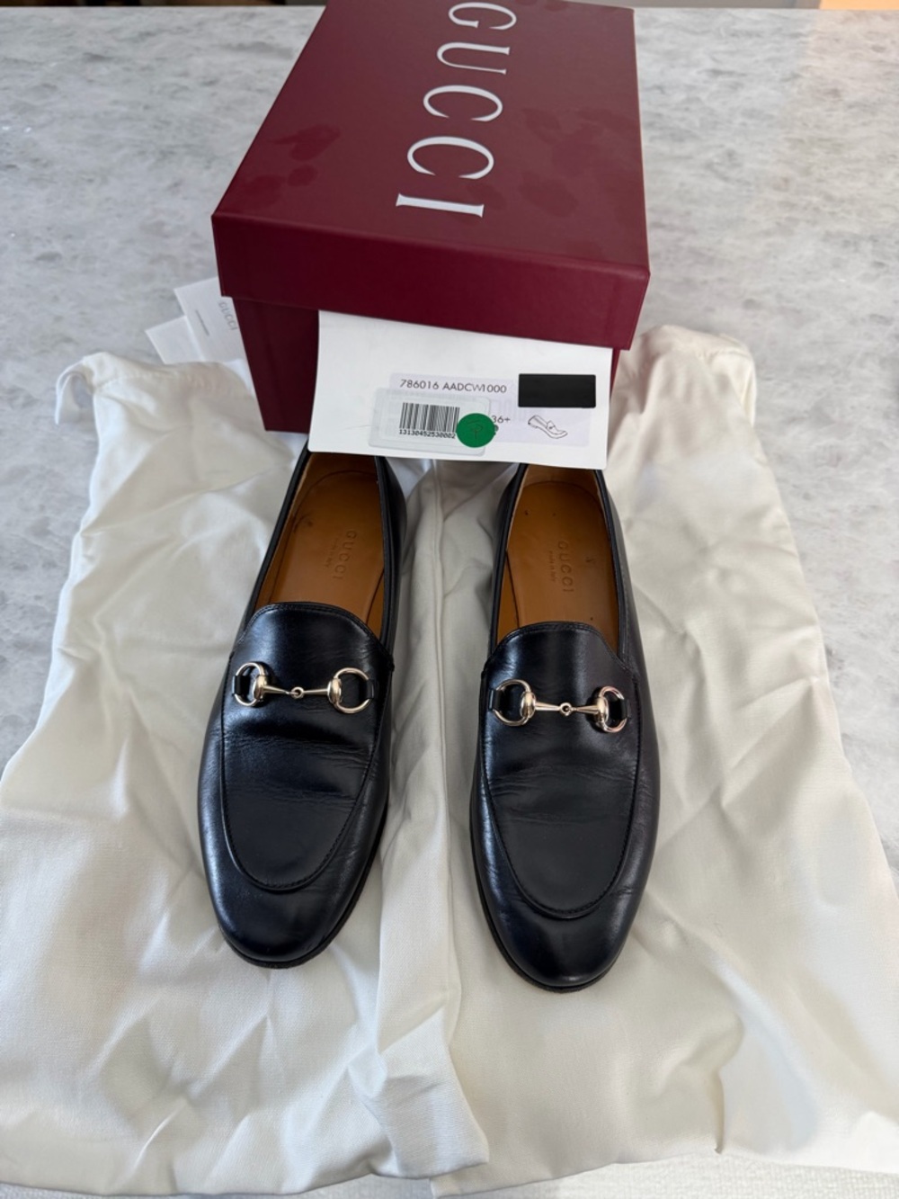 Gucci Jordaan Black Leather Horsebit Slip-On Loafers size 36.5